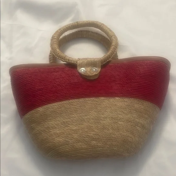 Vibrant Red and Tan Woven Tote with Basket Shape - Picture 2 of 6